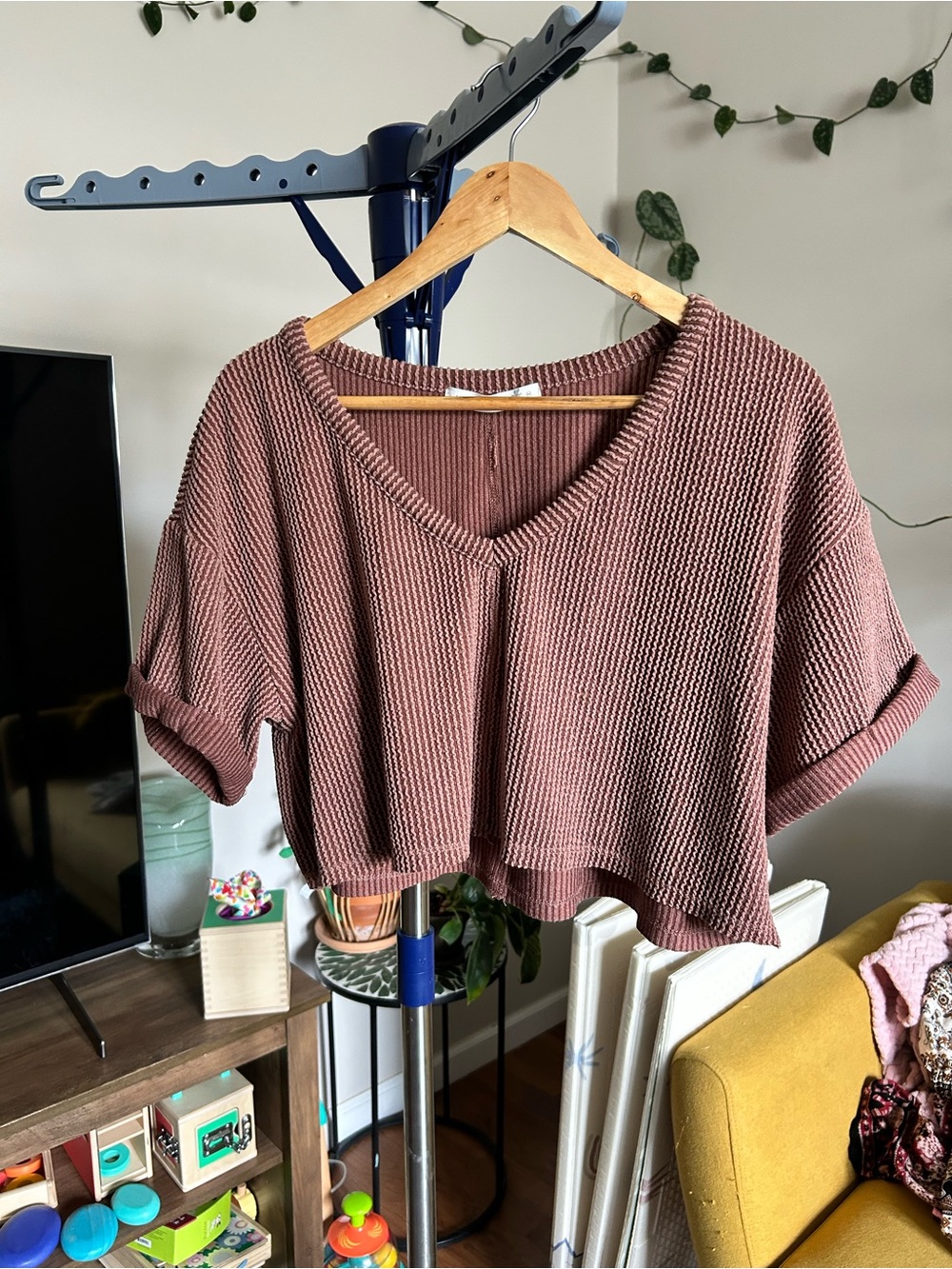 Altar'd State Mauve Cropped V-Neck Knit Top